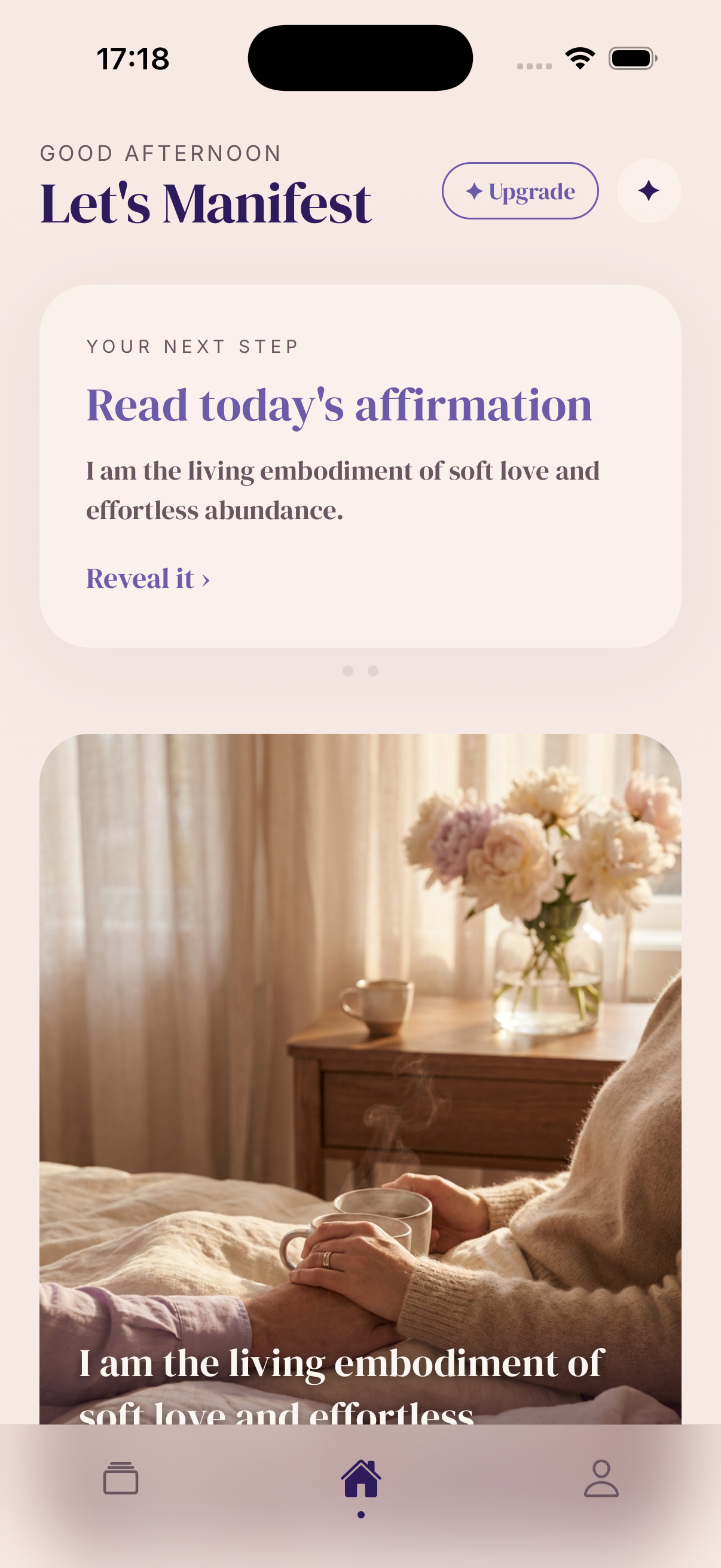 She Affirms home screen showing today's manifest card with a whispered audio story.