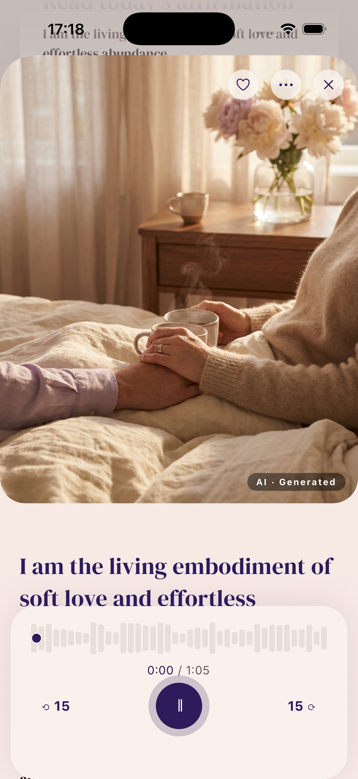 A daily manifest card, full-bleed image with a whispered audio player below.